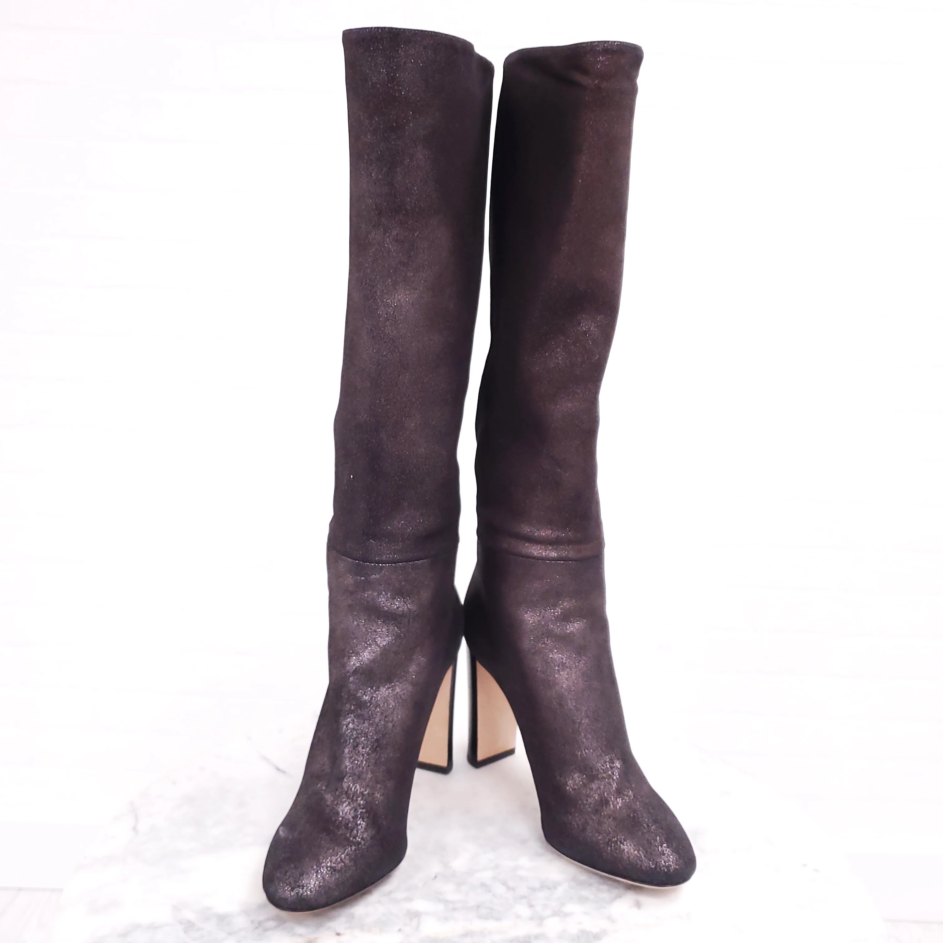 JIMMY CHOO GREY LEATHER SPARKLE KNEE HIGH BOOT WITH BUTTONS ($2095) - SIZE 36.5 - Image 3