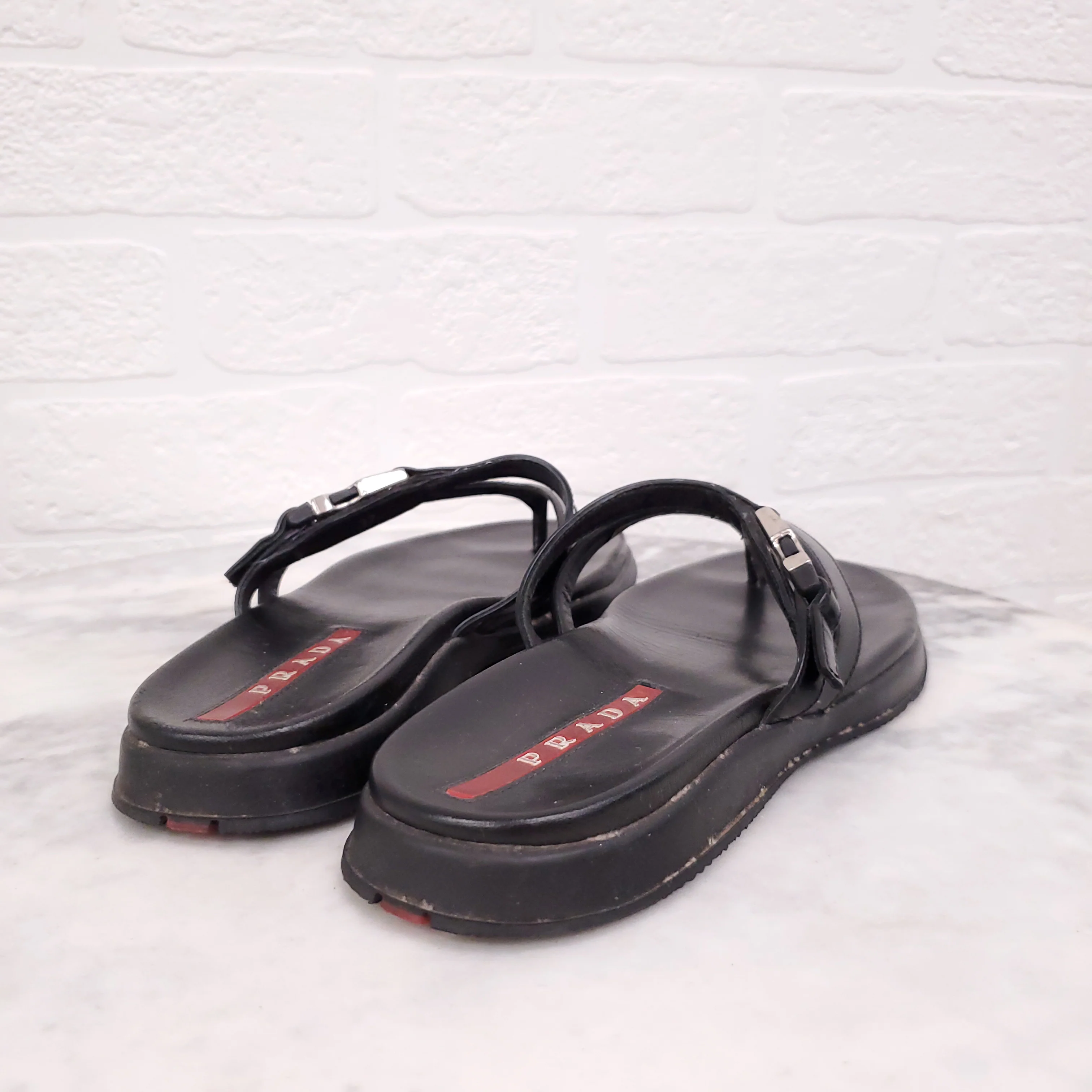 PRADA BLACK LEATHER FLIP FLOPS WITH BUCKLE - SIZE 37 - Image 3